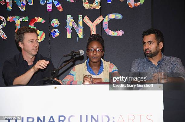 Actor Edward Norton, Kailah Francis and actor Kal Penn attend a press conference launching Turnarond Arts in New York City Schools at the Brooklyn...
