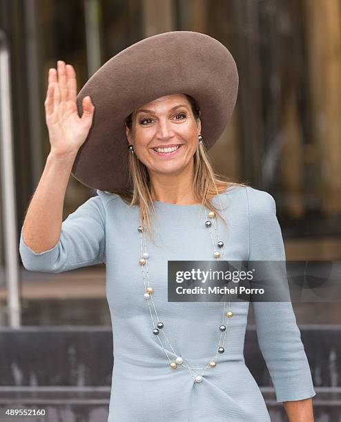 Queen Maxima of The Netherlands leaves after opening the new visitor center of the Netherlands Bank on September 22, 2015 in Amsterdam, Netherlands