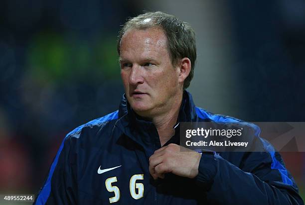 Simon Grayson manager of Preston North End looks on prior to the Capital One Cup third round match between Preston North End and AFC Bournemouth at...