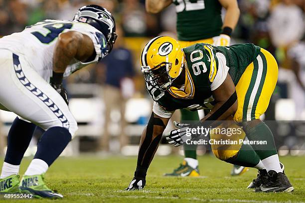 Nose tackle B.J. Raji of the Green Bay Packers in action during the NFL game against the Seattle Seahawks at Lambeau Field on September 20, 2015 in...