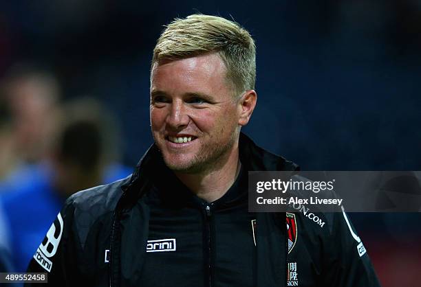 Eddie Howe manager of Bournemouth smiles during the Capital One Cup third round match between Preston North End and AFC Bournemouth at Deepdale on...