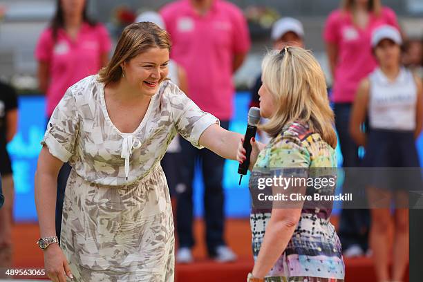 Dinara Safina of Russia with Stacey Allaster, CEO of the WTA Tour before the prize giving ceremony for Maria Sharapova of Russia and Simona Halep of...