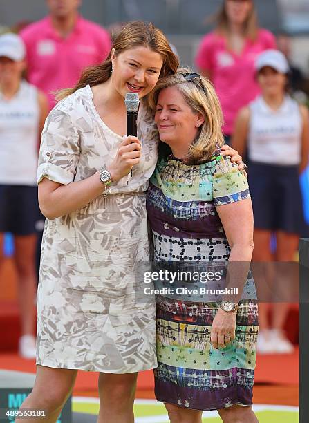 Dinara Safina of Russia with Stacey Allaster, CEO of the WTA Tour before the prize giving ceremony for Maria Sharapova of Russia and Simona Halep of...