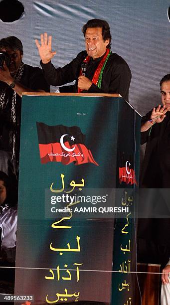 Cricketer-turned politician and chairman of Pakistan Tehreek-e-Insaf or Movement for Justice party, Imran Khan , addresses supporters during an...