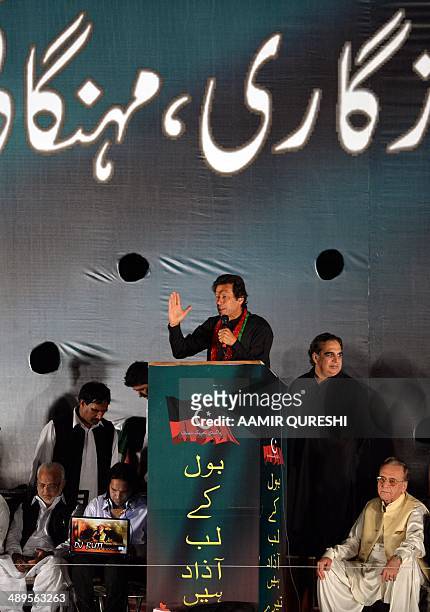 Cricketer-turned politician and chairman of Pakistan Tehreek-e-Insaf or Movement for Justice party, Imran Khan , addresses supporters during an...
