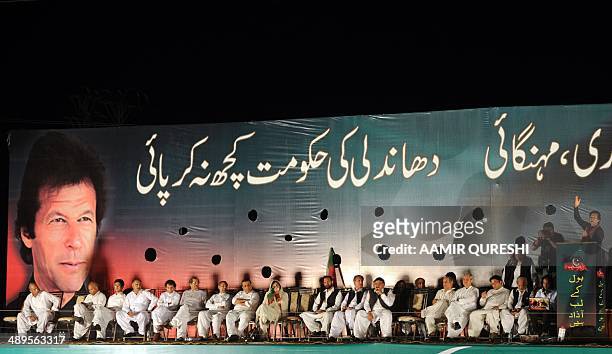 Cricketer-turned politician and chairman of Pakistan Tehreek-e-Insaf or Movement for Justice party, Imran Khan , addresses supporters during an...