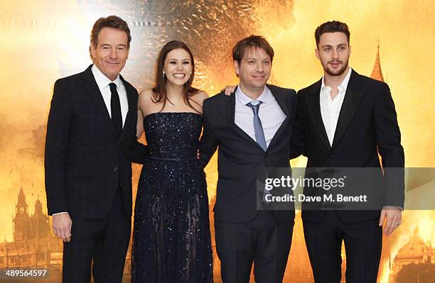 Bryan Cranston, Elizabeth Olsen, director Gareth Edwards and Aaron Taylor-Johnson attend the European premiere of "Godzilla" at Odeon Leicester...