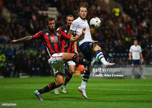 Stevie May of Preston North End and Steve Cook of Bournemouth battle for the abll during the Capital One Cup third round match between Preston North...