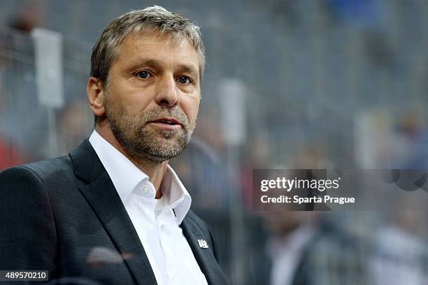 Sparta Prague head coach Josef Jandac during the Champions Hockey League round of thirty-two game between Sparta Prague and ZSC Lions Zurich at o2...