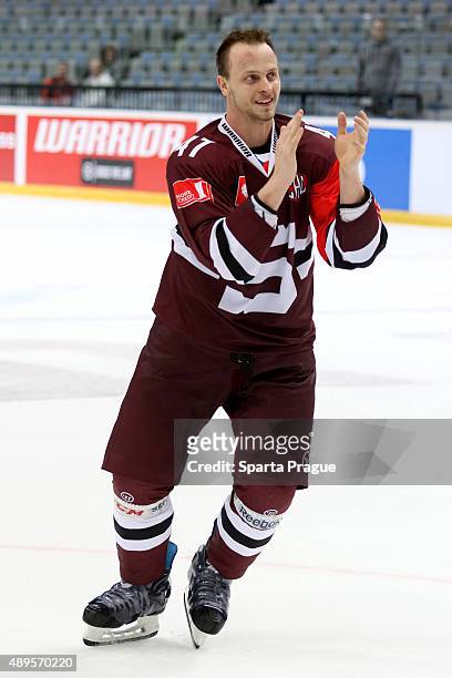 Sparta Prague Jan Buchtele celebrate a win during the Champions Hockey League round of thirty-two game between Sparta Prague and ZSC Lions Zurich at...