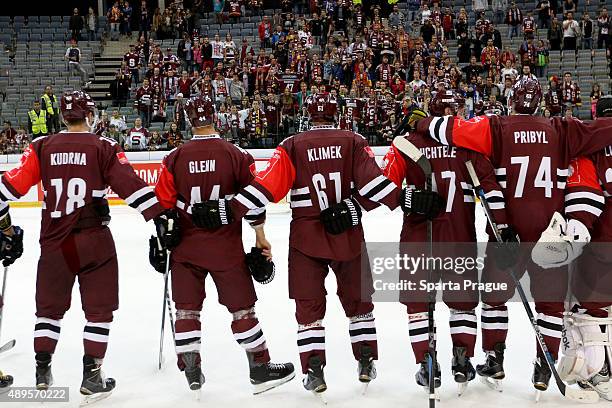 Sparta Prague players celebrate with the fans the win against ZSC Lions Zurich during the Champions Hockey League round of thirty-two game between...