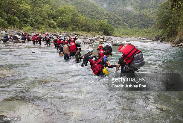 Joey Fatone takes part in river tracing and trekking on August 31, 2015 in the Hualien region of Taiwan.