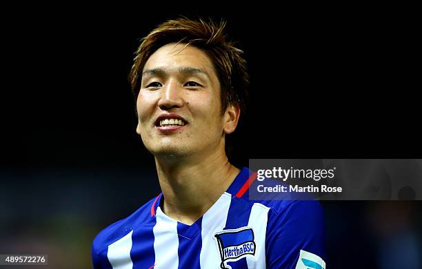 Genki Haraguchi of Berlin celebrates after the Bundesliga match between Hertha BSC Berlin and 1. FC koelm at Olympiastadion on September 22, 2015 in...