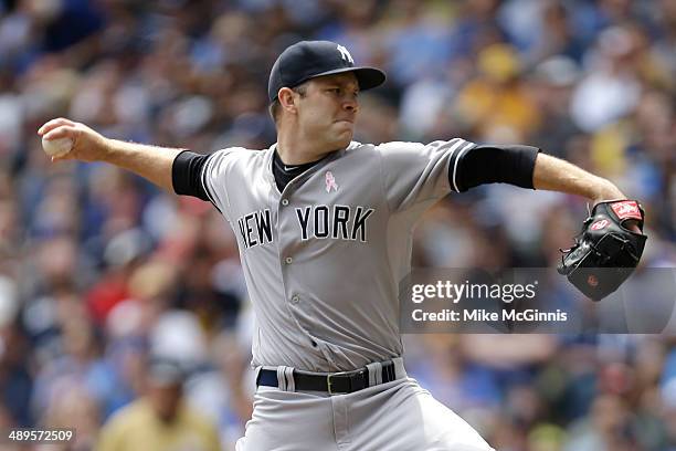 David Phelps of the New York Yankees pitches during the bottom of the first inning against the Milwaukee Brewers during the Interleague game at...