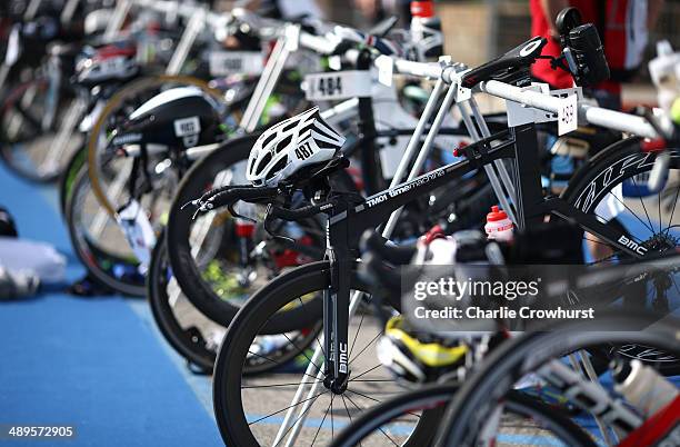 Participants rack their bikes before the race during the Challenge Triathlon Rimini on May 11, 2014 in Rimini, Italy.