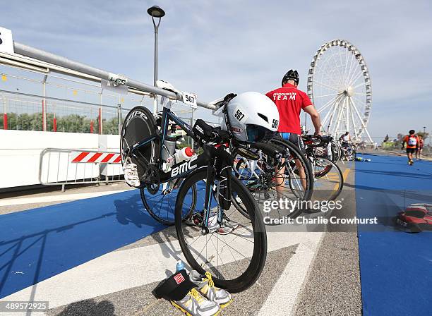 Participants rack their bikes before the race during the Challenge Triathlon Rimini on May 11, 2014 in Rimini, Italy.