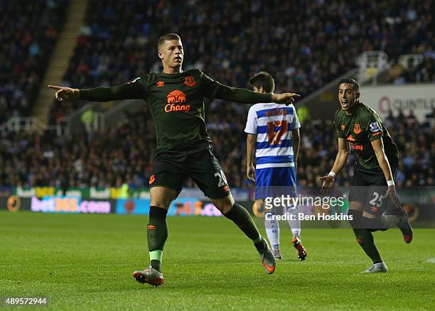 Ross Barkley of Everton celebrates scoring their first goal during the Capital One Cup third round match between Reading and Everton at Madejski...