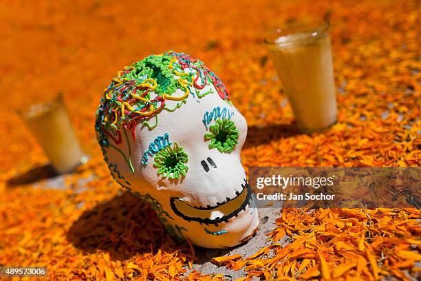 Decorated skull is placed at the altar of the dead, a religious site honoring the deceased, during the Day of the Dead celebration on November 01,...