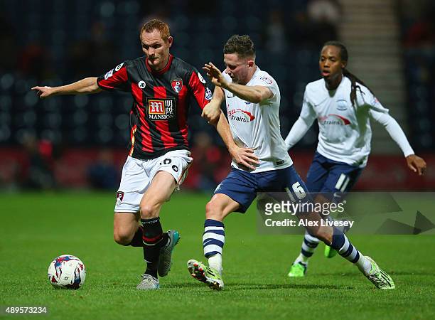 Shaun MacDonald of Bournemouth holds off Alan Browne of Preston North End during the Capital One Cup third round match between Preston North End and...