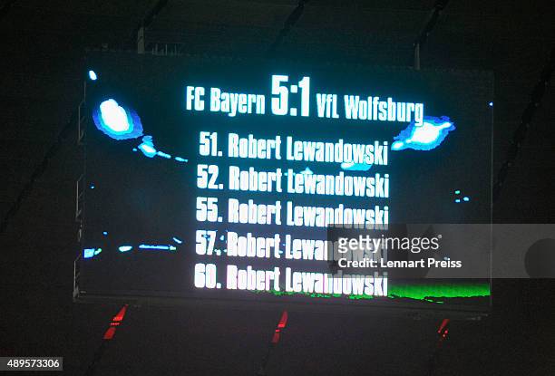 The screen shows the goals of Robert Lewandowski of FC Bayern Muenchen after the Bundesliga match between FC Bayern Muenchen and VfL Wolfsburg at...