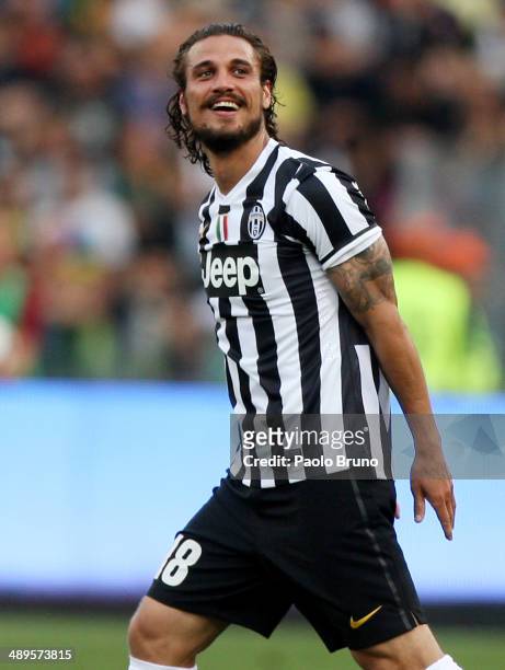 Pablo Daniel Osvaldo of Juventus celebrates after scoring the opening goal during the Serie A match between AS Roma and Juventus at Stadio Olimpico...