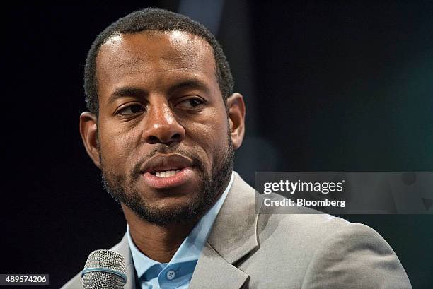 Professional basketball player Andre Iguodala speaks during the TechCrunch Disrupt SF 2015 conference in San Francisco, California, U.S., on Tuesday,...