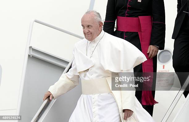 Pope Francis arrives from Cuba September 22, 2015 at Joint Base Andrews, Maryland. Francis will be visiting Washington, New York City and...