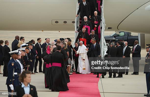 Pope Francis is greeted by U.S. President Barack Obama, first lady Michelle Obama, Vice President Joe Biden and other political and Catholic church...