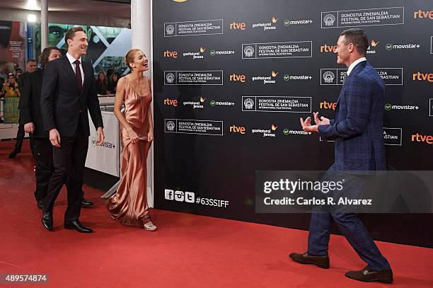 Actors Tom Hiddleston, Sienna Miller and Luke Evans attend the "High-Rise" premiere at the Kursaal Palace during the 63rd San Sebastian International...