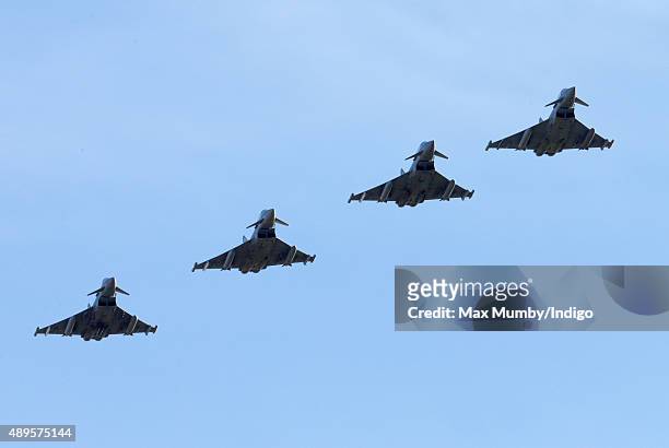 Display of Typhoon Aircraft seen during a visit by Prince William, Duke of Cambridge to RAF Coningsby to observe the 100th Anniversary Parade of 29...