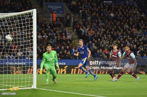 Andy King of Leicester scores to make it 2-1 during the Capital One Cup Third Round match between Leicester City and West Ham United at The King...