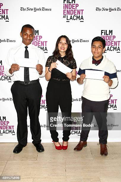 Filmmakers Isaiah Ray Pearce, Leslie Torres and Guillermo Mora are honored with a scholarship during the Film Independent at LACMA screening and Q&A...