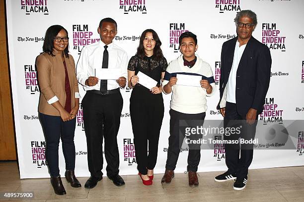 Alvie Johnson, filmmakers Isaiah Ray Pearce, Leslie Torres, Guillermo Mora and Film critic Elvis Mitchell attend the Film Independent at LACMA...