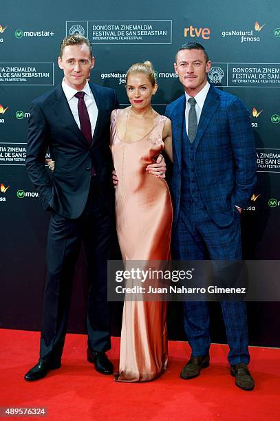 Tom Hiddleston, Sienna Miller and Luke Evans attend 'High-Rise' premiere during 63rd San Sebastian Film Festival on September 22, 2015 in San...