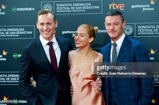 Tom Hiddleston, Sienna Miller and Luke Evans attend 'High-Rise' premiere during 63rd San Sebastian Film Festival on September 22, 2015 in San...