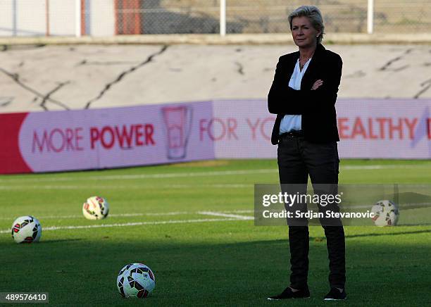 German head coach Silvia Neid looks on prior the UEFA Women's Euro 2017 Qualifier between Croatia and Germany at Kranjceviceva Stadium on September...