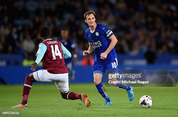 Pedro Obiang of West Ham in action with Andy King of Leicester during the Capital One Cup Third Round match between Leicester City and West Ham...