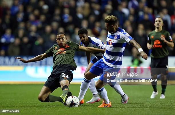 Brendan Galloway of Everton in action with Garath McCleary and Daniel Williams of Reading during the Capital One Cup match between Reading and...