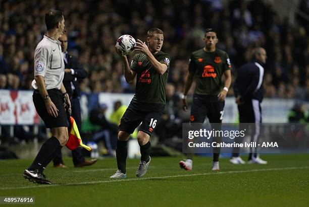 James McCarthy of Everton takes a throw in during the Capital One Cup match between Reading and Everton at Madejski Stadium on September 22, 2015 in...