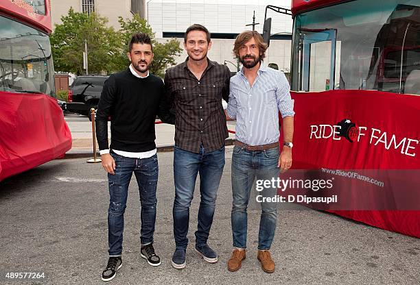 Professional footballers David Villa, Frank Lampard, and Andrea Pirlo attend the New York City Football Club Ride of Fame Induction Ceremony at Pier...