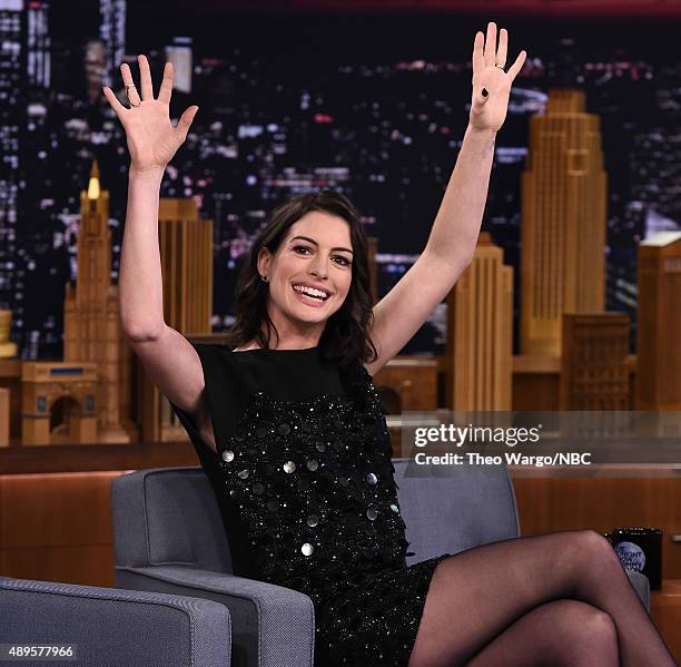 Anne Hathaway Visits "The Tonight Show Starring Jimmy Fallon" at Rockefeller Center on September 22, 2015 in New York City.