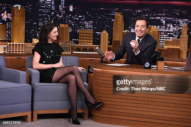 Anne Hathaway Visits "The Tonight Show Starring Jimmy Fallon" at Rockefeller Center on September 22, 2015 in New York City.