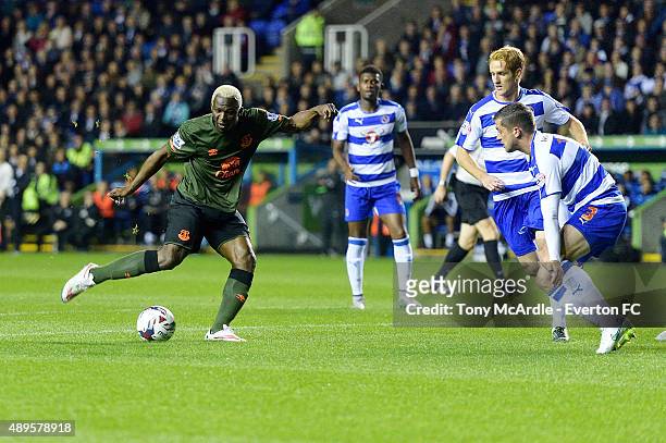 Arouna Kone makes an attempt on goal during the Capital One Cup match between Reading and Everton at Madejski Stadium on September 22, 2015 in...
