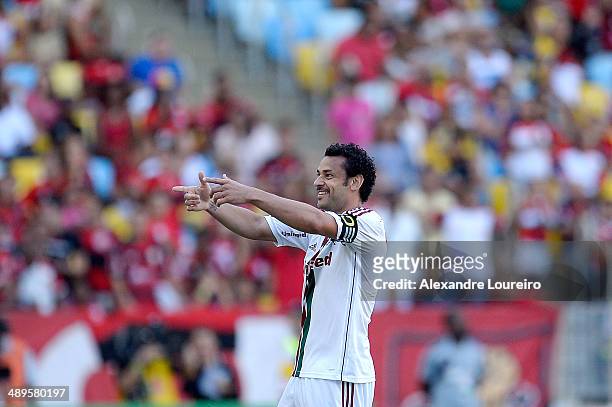 Fred of Fluminense celebrates a scored goal during the match between Fluminense and Flamengo as part of Brasileirao Series A 2014 at Maracana on May...