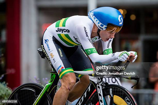 Katrin Garfoot riding for the Australian National Team stays aero on the way to her fourth place finish in the time trial during the UCI Road World...