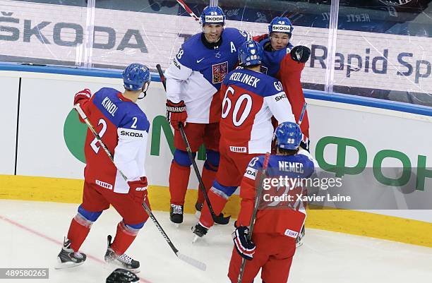 Jaromir Jarg, Tomas Rolinek, Tomas Hertl and team-matte of Czech Republic celebrate the first goal of Tomas Rolinek during the 2014 IIHF World...
