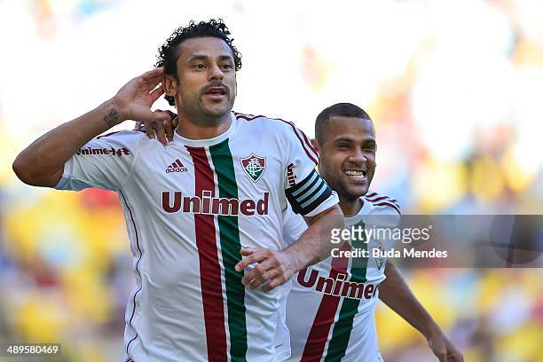 Fred and Carlinhos of Fluminense celebrate a scored goal against Flamengo during a match between Fluminense and Flamengo as part of Brasileirao...