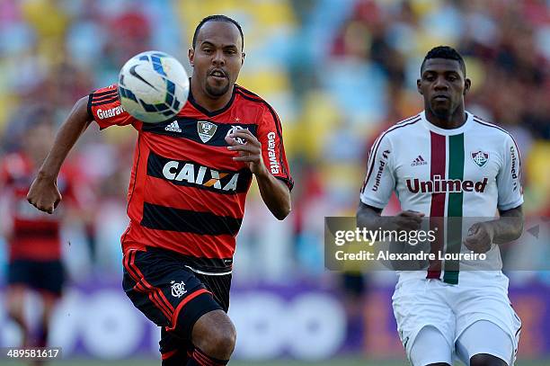 Elivelton of Fluminense battles for the ball with Alecsandro of Flamengo during the match between Fluminense and Flamengo as part of Brasileirao...