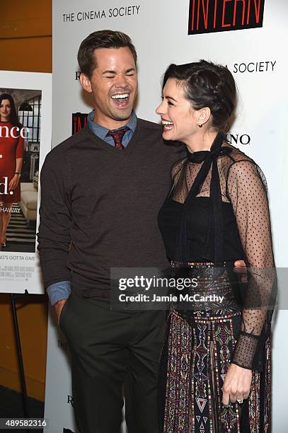 Andrew Rannells and Anne Hathaway attend a screening of Warner Bros. Pictures "The Intern" hosted by The Cinema Society And Ruffino on September 22,...