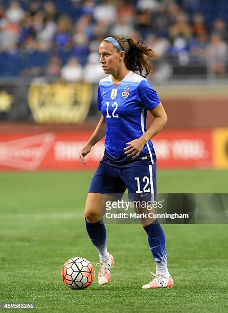 Lauren Holiday of the United States dribbles the ball during the U.S. Women's 2015 World Cup Victory Tour against Haiti at Ford Field on September...